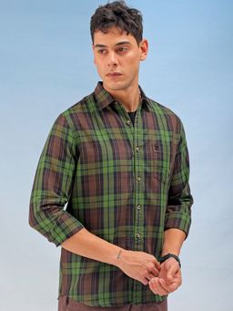 The Indian Garage Co - Men Regular Fit Checks Full Sleeves Cutaway Collar Casual Shirt Green