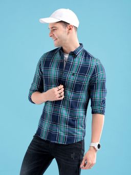The Indian Garage Co - Men Regular Fit Checks Full Sleeves Cutaway Collar Casual Shirt Blue