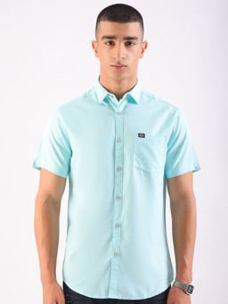 The Indian Garage Co - Men Slim Fit Solid Half Sleeves Cutaway Collar Casual Shirt Blue