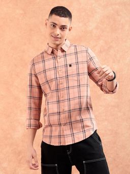 The Indian Garage Co - Men Regular Fit Checks Full Sleeves Cutaway Collar Casual Shirt Peach