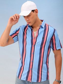 The Indian Garage Co - Men Regular Fit Striped Half Sleeves Cutaway Collar Casual Shirt Blue