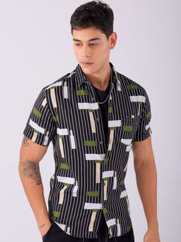 The Indian Garage Co - Men Slim Fit Geometric Printed Half Sleeves Spread Collar Casual Shirt