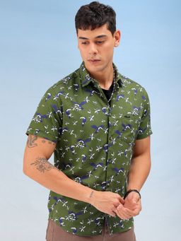 The Indian Garage Co - Men Slim Fit Tropical Half Sleeves Spread Collar Casual Shirt Olive