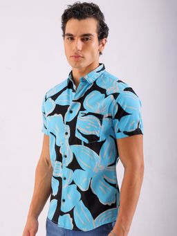 The Indian Garage Co - Men Slim Fit Floral Printed Half Sleeves Spread Collar Casual Shirt Black
