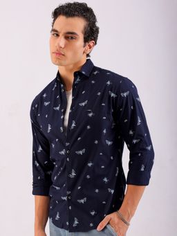 The Indian Garage Co - Men Slim Fit Printed Full Sleeves Spread Collar Casual Shirt Navy Blue