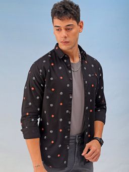 The Indian Garage Co - Men Slim Fit Geometric Printed Full Sleeves Casual Shirt Black