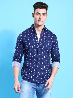 The Indian Garage Co - Men Slim Fit Abstract Full Sleeves Casual Shirt Blue