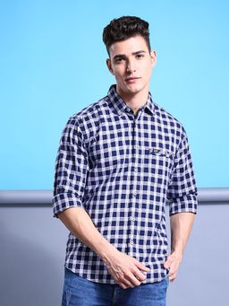 The Indian Garage Co - Men Slim Fit Checks Full Sleeves Cutaway Collar Casual Shirt Navy Blue