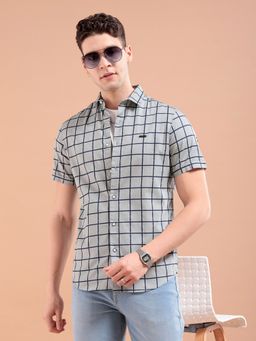 The Indian Garage Co - Men Slim Fit Checks Half Sleeves Cutaway Collar Casual Shirt Grey
