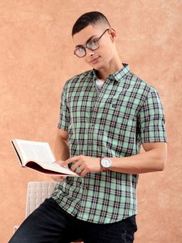 The Indian Garage Co - Men Slim Fit Checks Half Sleeves Spread Collar Casual Shirt Green