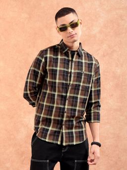 The Indian Garage Co - Men Regular Fit Checks Full Sleeves Cutaway Collar Casual Shirt Brown