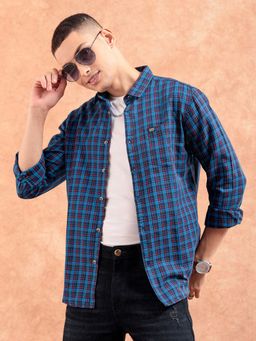 The Indian Garage Co - Men Slim Fit Checks Full Sleeves Spread Collar Casual Shirt Blue