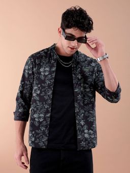The Indian Garage Co - Men Slim Fit Floral Printed Full Sleeves Casual Shirt Black