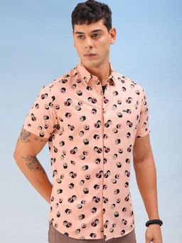 The Indian Garage Co - Men Regular Fit Printed Half Sleeves Spread Collar Casual Shirt Pink