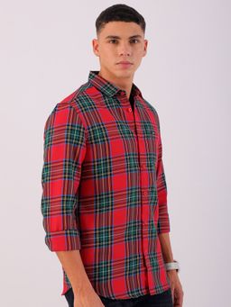 The Indian Garage Co - Men Slim Fit Checks Full Sleeves Cutaway Collar Casual Shirt Red