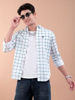 The Indian Garage Co - Men Slim Fit Checks Full Sleeves Spread Collar Casual Shirt White
