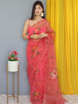 Odette - Red Organza Foil Print Saree with Unstitched Blouse