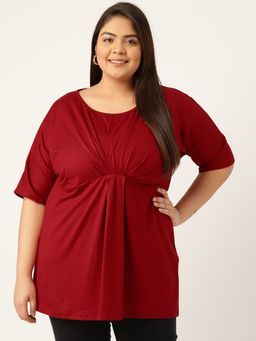 theRebelinme - Plus Size Women Maroon Color Solid Front Gathered Top