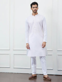 See Designs - Men White Cotton Pink Thread Work Sequins Kurta with Pyjama (Set of 2)