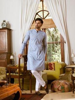 See Designs - Men Blue and White Cotton Leaf Print Straight Kurta with Pyjama (Set of 2)