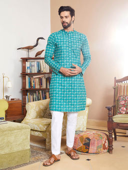 See Designs - Men Turquoise and White Cotton Leaf Print Straight Kurta with Pyjama (Set of 2)