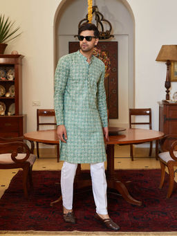 See Designs - Men Green and White Cotton Leaf Print Straight Kurta