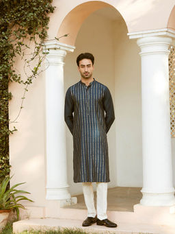 See Designs - Men Teal and Gold Chanderi Silk Sequins Kurta