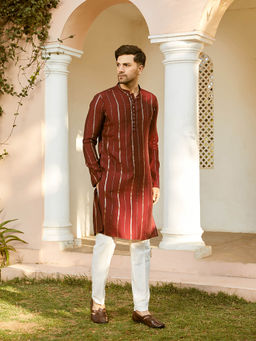 See Designs - Men Maroon and Gold Chanderi Silk Sequins Kurta