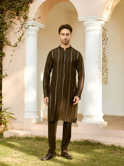 See Designs - Men Green and Gold Chanderi Silk Sequins Kurta