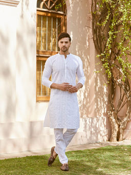 See Designs - Men White Cotton Pintex Design Thread Work Kurta