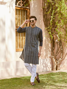 See Designs - Men Teal Cotton Pintex Design Sequins Kurta