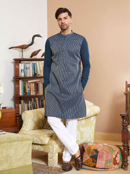 See Designs - Men Blue Cotton Pintex Design Multi Thread Work Kurta