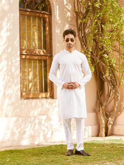 See Designs - Men White Cotton Pintex Design Gold Thread Work Sequence Kurta