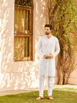 See Designs - Men White Silver Thread Work Sequence Kurta with Pyjama (Set of 2)
