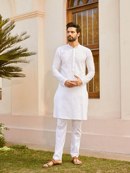 See Designs - Men White Cotton Pintex Design Multi Thread Work Kurta