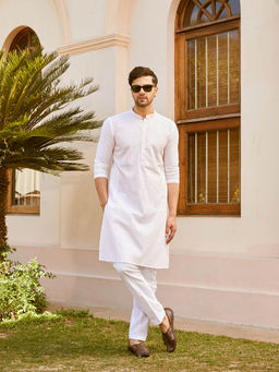 See Designs - Men White Cotton Pintex Design Pink Thread Work Sequence Kurta