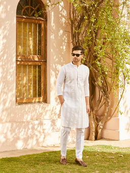 See Designs - Men White Cotton Pintex Design Gold Thread Work Kurta