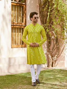 See Designs - Men Lime Green Sequins Woven Designs Kurta with Pyjama (Set of 2)