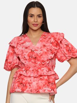 IS.U - Floral Coral Ruffle Detail Peplum Top
