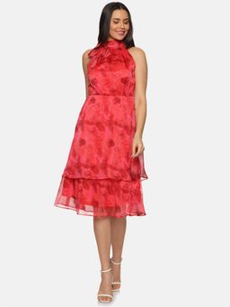 IS.U - Abstract Red Halter Tie Neck Midi Dress