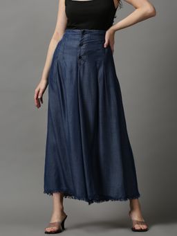SHOWOFFFF - Women's Pleated Solid Blue Flared Denim Trousers