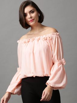 SHOWOFF - Women's Off-shoulder Peach Cinched Waist Regular Top