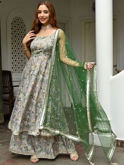 Lavanya The Label - Grey Printed Silk Sharara (Set of 3)
