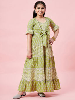 Stylo Bug - Hand Block Printed Ethnic Wear Dress with Jacket-Green
