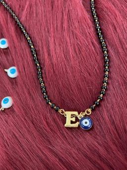 Digital Dress Room - E Letter Alphabet with Blue Evil Eye Charm Pendant Short Mangalsutra