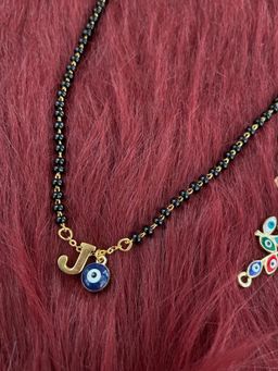 Digital Dress Room - J Letter Alphabet with Blue Evil Eye Charm Pendant Short Mangalsutra
