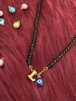 Digital Dress Room - L Letter Alphabet with Blue Evil Eye Charm Pendant Short Mangalsutra