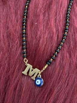 Digital Dress Room - M Letter Alphabet with Blue Evil Eye Charm Pendant Short Mangalsutra