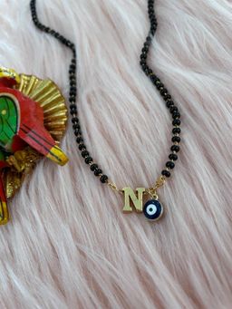 Digital Dress Room - N Letter Alphabet with Blue Evil Eye Charm Pendant Short Mangalsutra