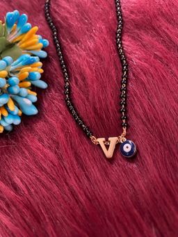 Digital Dress Room - V Letter Alphabet with Blue Evil Eye Charm Pendant Short Mangalsutra